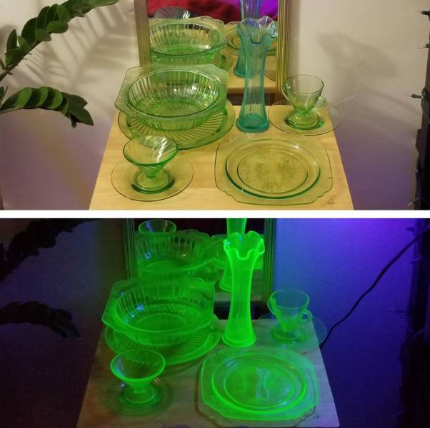 “Uranium glass glows under blacklight.”