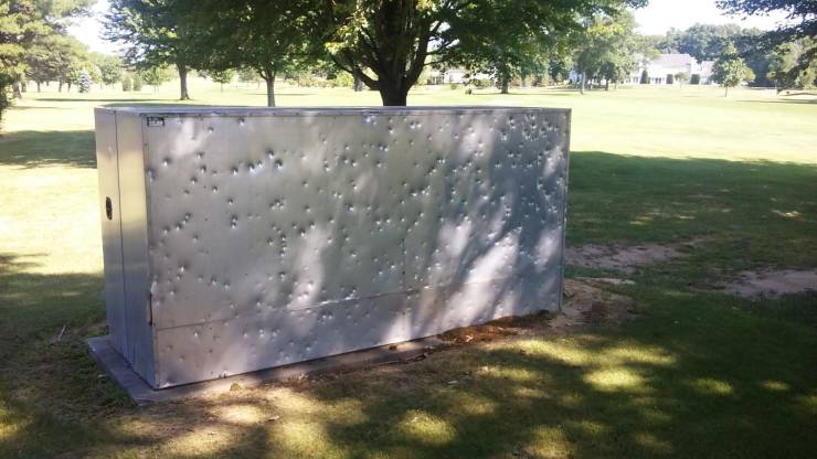 “Utility cover, halfway down the fairway on a golf course, completely riddled with golf ball dents.”