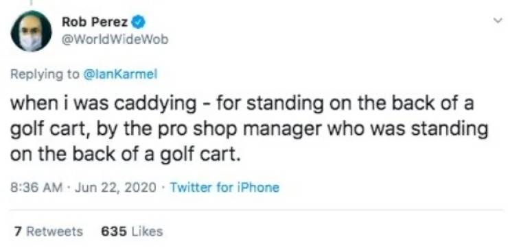 when i was caddying for standing on the back of a golf cart, by the pro shop manager who was standing on the back of a golf cart.