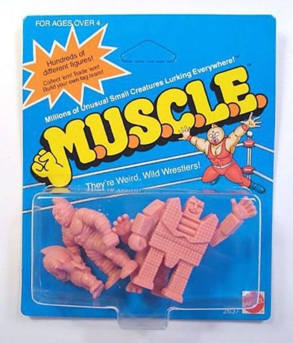 muscle men toys 80s - For Ages Over 4 Hundreds of different figures! Collect 'em! Trade en Buld your own tag teamt Millions of Unusual Small Creatures Lurking Everywhere! Muscle They're Weird, Wild Wrestlers! Itt. 2037
