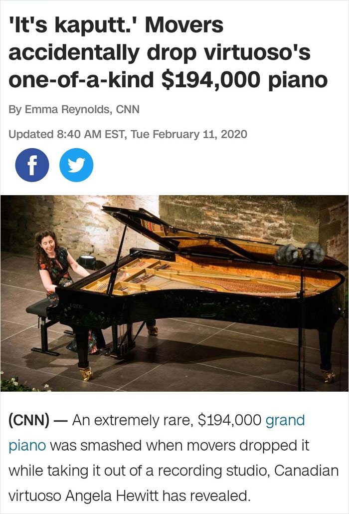 piano - "It's kaputt.' Movers accidentally drop virtuoso's oneofakind $194,000 piano By Emma Reynolds, Cnn Updated Est, Tue f Cnn An extremely rare, $194,000 grand piano was smashed when movers dropped it while taking it out of a recording studio, Canadia