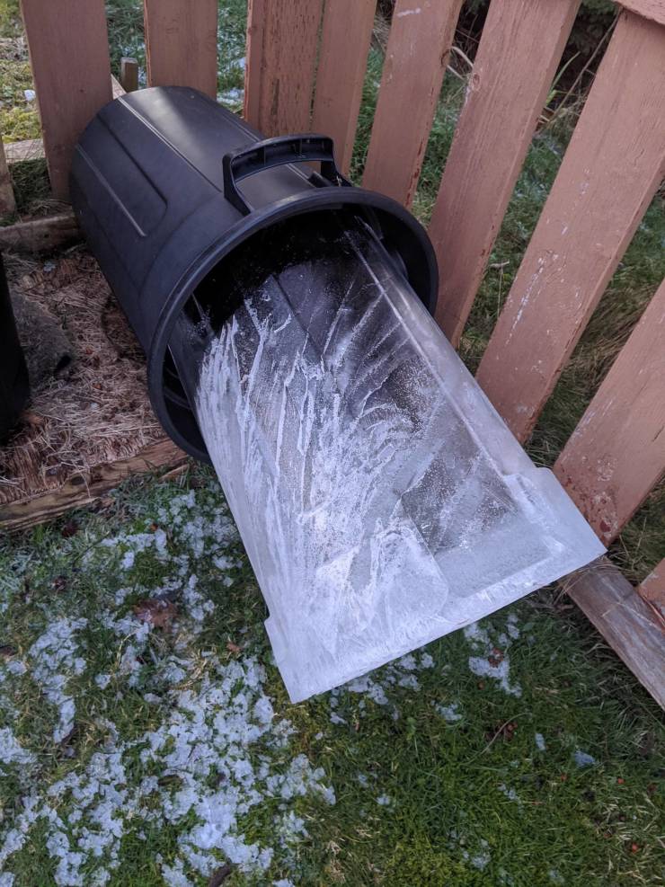 frozen water inside trash can