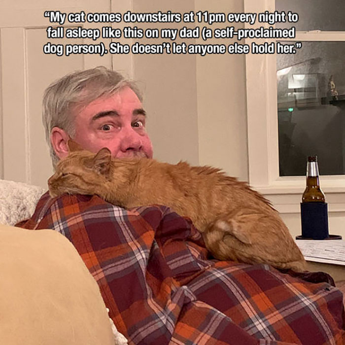 Cat - "My cat comes downstairs at 11pm every night to fall asleep this on my dad a selfproclaimed dog person. She doesn't let anyone else hold her."