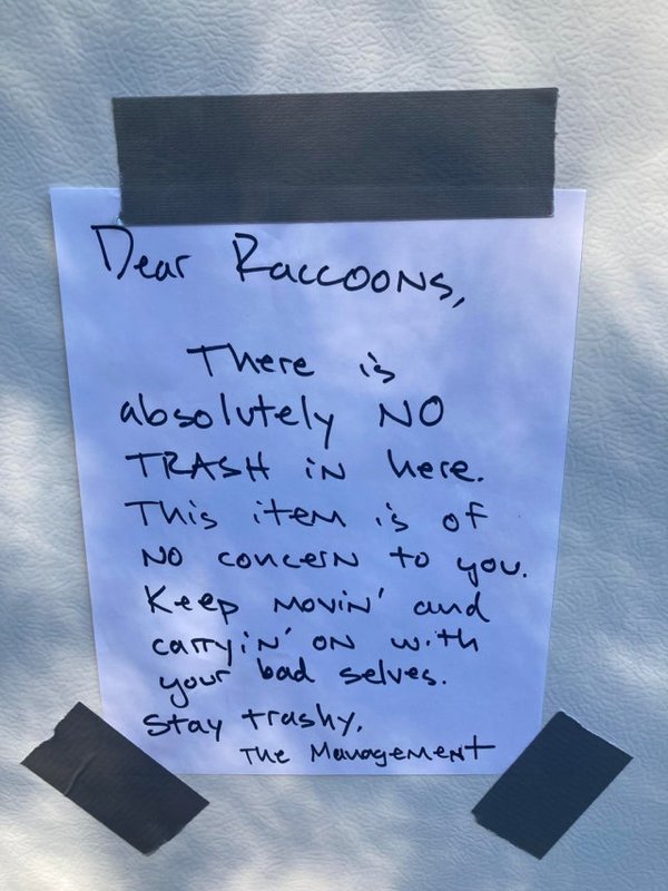 handwriting - Dear Raccoons, There is absolutely no Trash iN here. This item is of you. Keep Movin' and No concern to bad selves. carryiN On your Stay trashy, The Management