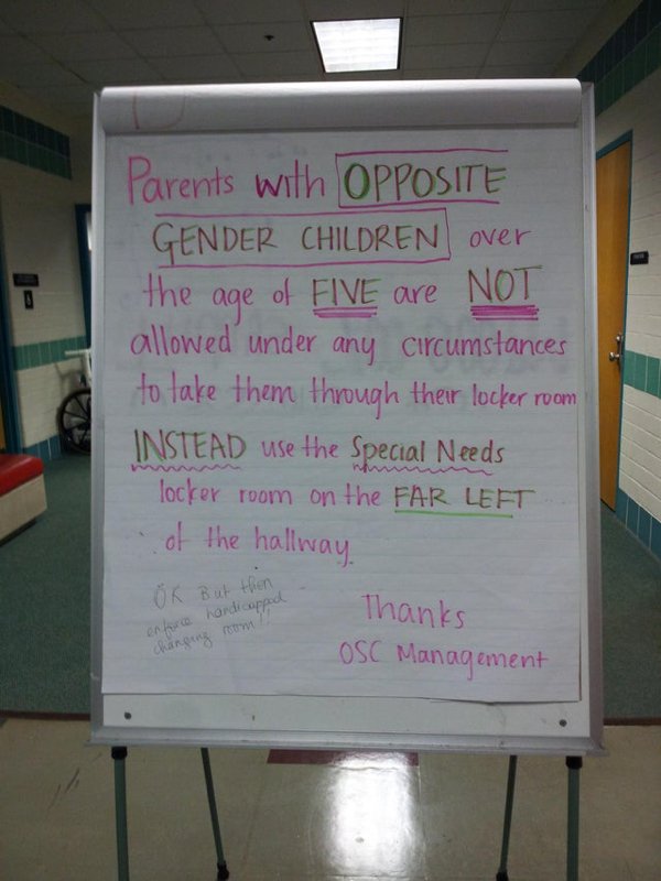 whiteboard - Parents with Opposite Gender Children over the age of Five are Not allowed under any circumstances to take them through their locker room Instead use the Special Needs locker room on the Far Left K But then of the hallway Thanks Osc Managemen