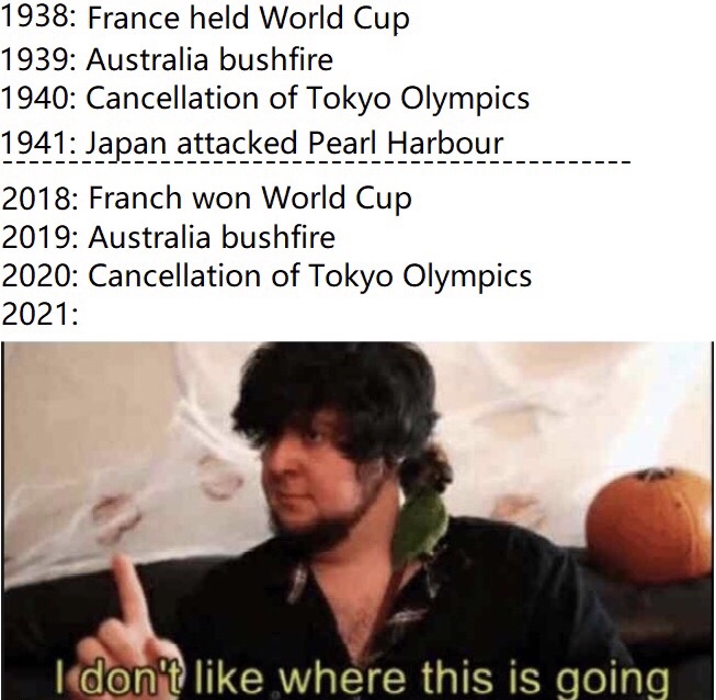 don t like where this is going meme - 1938 France held World Cup 1939 Australia bushfire 1940 Cancellation of Tokyo Olympics 1941 Japan attacked Pearl Harbour 2018 Franch won World Cup 2019 Australia bushfire 2020 Cancellation of Tokyo Olympics 2021 I don