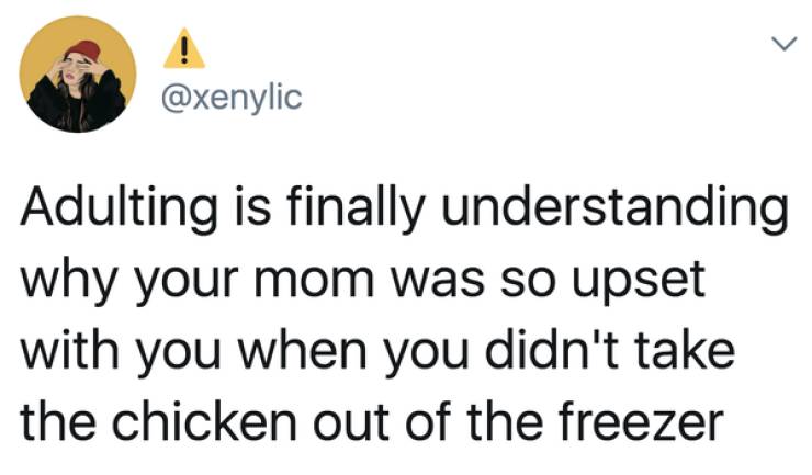 document - ! Adulting is finally understanding why your mom was so upset with you when you didn't take the chicken out of the freezer