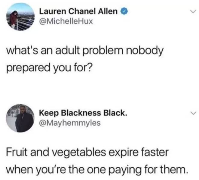 Food - Lauren Chanel Allen what's an adult problem nobody prepared you for? Keep Blackness Black. Fruit and vegetables expire faster when you're the one paying for them.