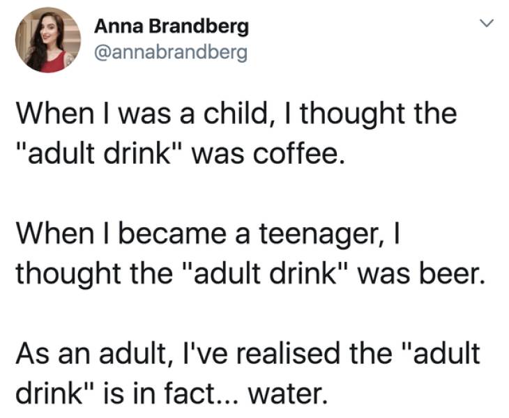 quotes - Anna Brandberg When I was a child, I thought the "adult drink" was coffee. When I became a teenager, I thought the "adult drink" was beer. As an adult, I've realised the "adult drink" is in fact... water.