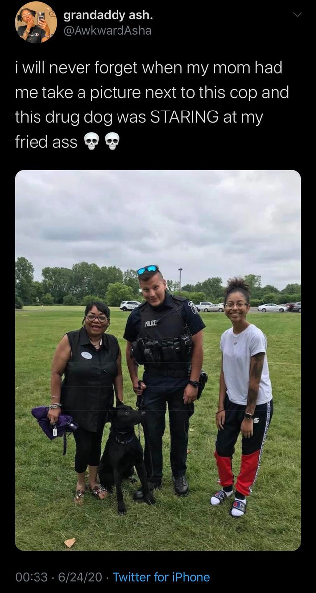 grass - grandaddy ash. Asha i will never forget when my mom had me take a picture next to this cop and this drug dog was Staring at my fried ass o Piute 62420 Twitter for iPhone