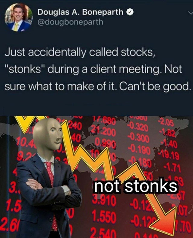 not stonks - Douglas A. Boneparth Just accidentally called stocks, "stonks" during a client meeting. Not sure what to make of it. Can't be good. 1.680 Wou 2.05 90.3201524 240 31200 0.300 140 0.00 0.1909.19 10.4 M 1.71 3. not stonks ? 107 1.5 2.61 3.910 0.
