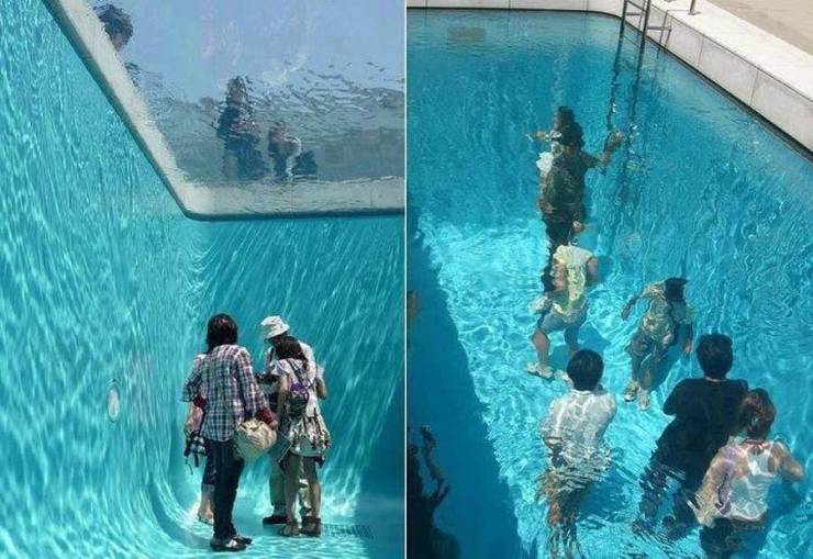 fake swimming pool illusion room glass ceiling