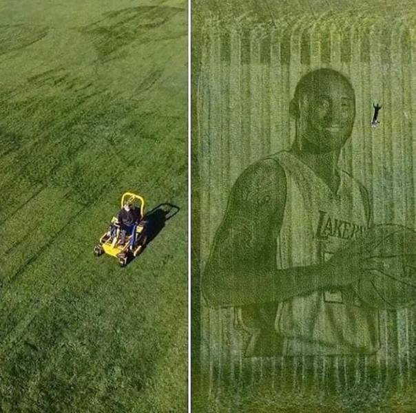 “California couple used a lawn mower & GPS to create a giant grass mural of Kobe..”