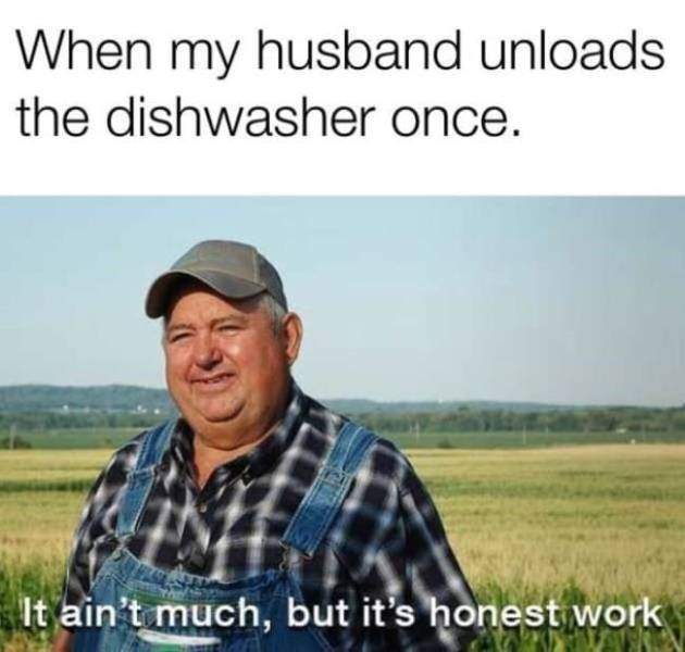 funny marriage memes - When my husband unloads the dishwasher once. It ain't much, but it's honest work