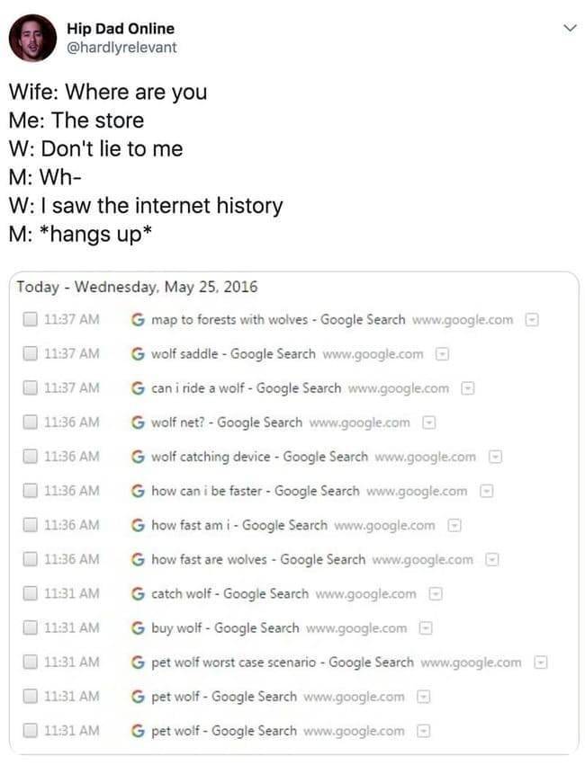 wolf search history meme - Hip Dad Online Wife Where are you Me The store W Don't lie to me M Wh W I saw the internet history M hangs up Today Wednesday, G map to forests with wolves Google Search G wolf saddle Google Search o G can i ride a wolf Google S