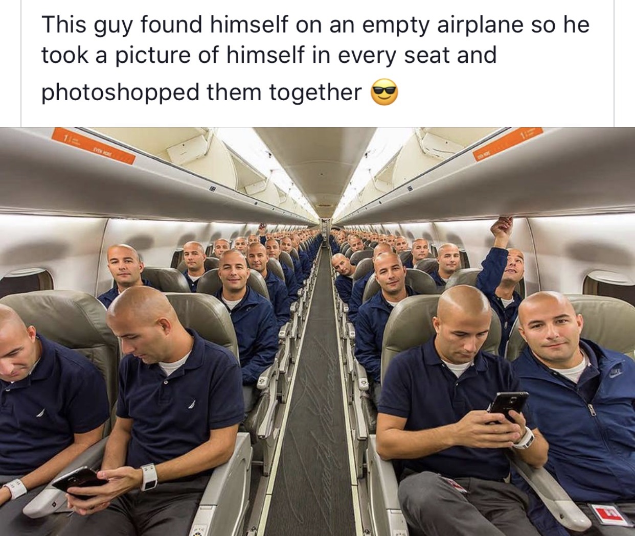 guy takes picture in every plane seat - This guy found himself on an empty airplane so he took a picture of himself in every seat and photoshopped them together De More