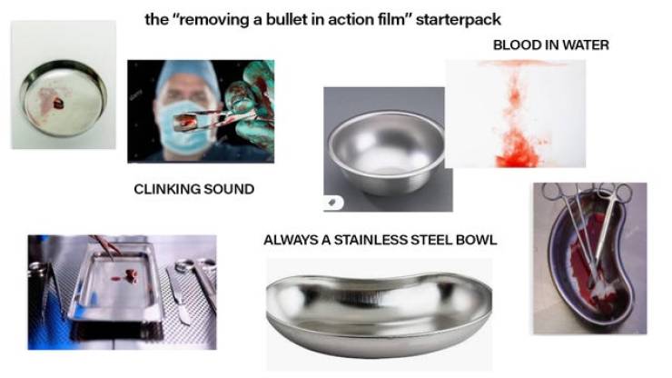 the "removing a bullet in action film" starterpack Blood In Water Clinking Sound Always A Stainless Steel Bowl