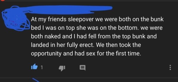 lyrics - At my friends sleepover we were both on the bunk bed I was on top she was on the bottom. we were both naked and I had fell from the top bunk and landed in her fully erect. We then took the opportunity and had sex for the first time. 1