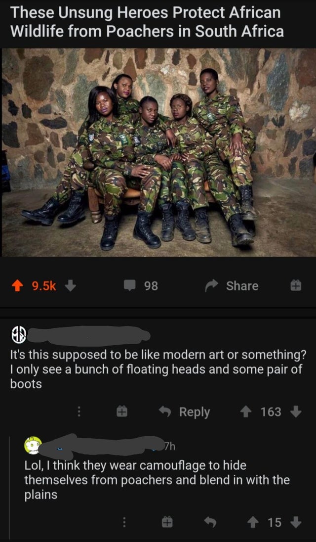 soldier - These Unsung Heroes Protect African Wildlife from Poachers in South Africa 98 It's this supposed to be modern art or something? I only see a bunch of floating heads and some pair of boots 163 7h Lol, I think they wear camouflage to hide themselv
