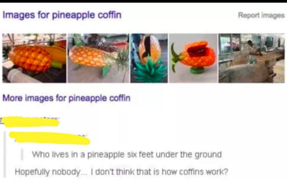 pineapple coffin - Images for pineapple coffin Report images More images for pineapple coffin I who lives in a pineapple six feet under the ground Hopefully nobody... I don't think that is how coffins work?