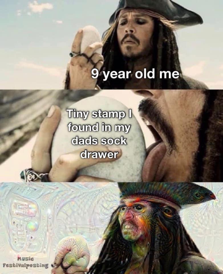 jack sparrow licking rock - 9 year old me Tiny stamp I found in my dads sock drawer Music Festivalposting