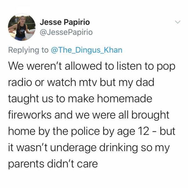 document - Jesse Papirio We weren't allowed to listen to pop radio or watch mtv but my dad taught us to make homemade fireworks and we were all brought home by the police by age 12 but it wasn't underage drinking so my parents didn't care