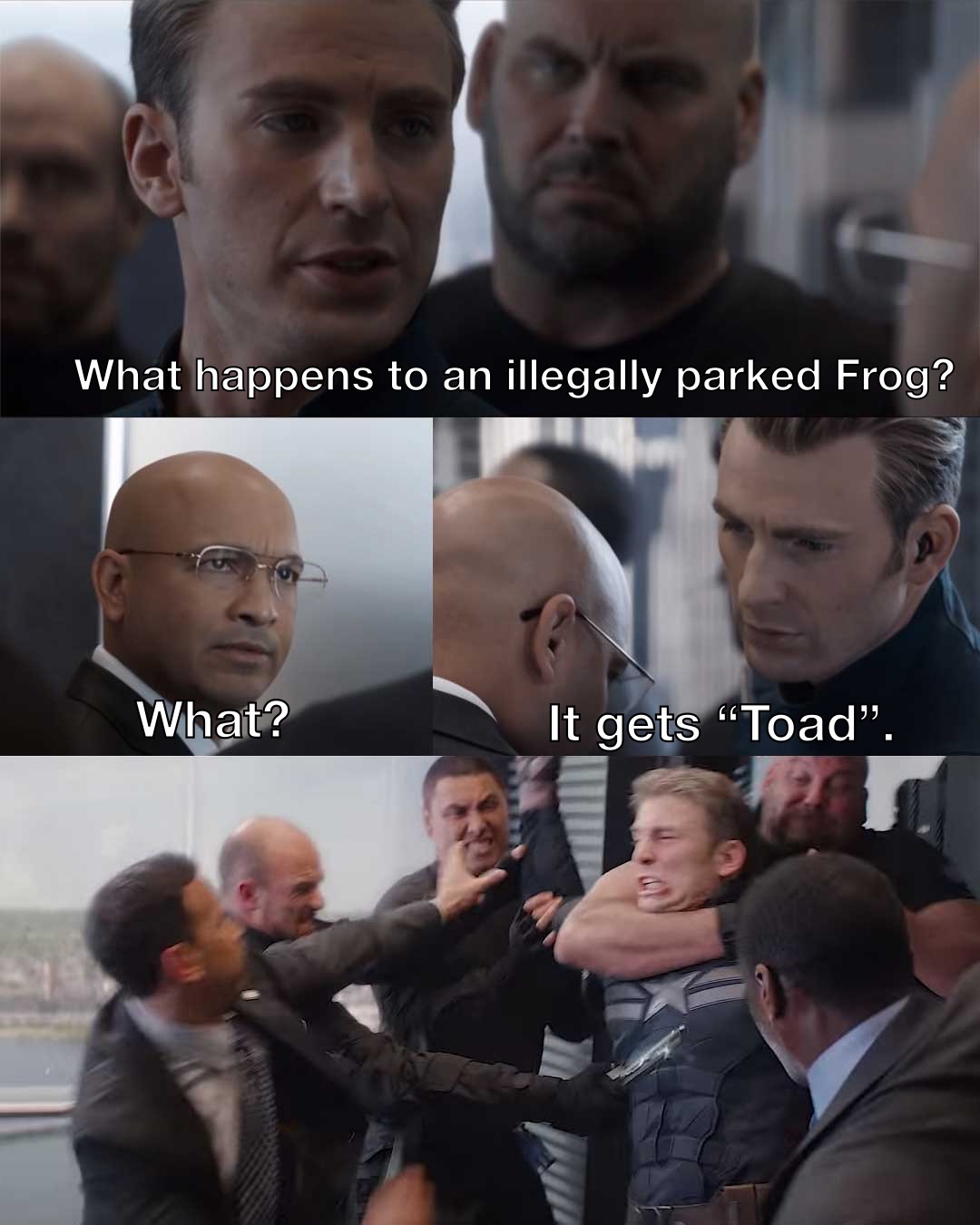 captain america in elevator meme - What happens to an illegally parked Frog? 20 What? It gets Toad.