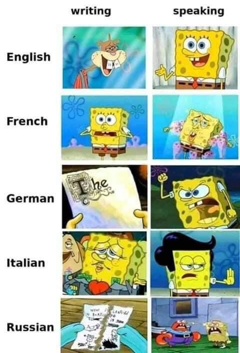 spongebob memes - writing speaking English French he German Italian w In Hati ca Russian