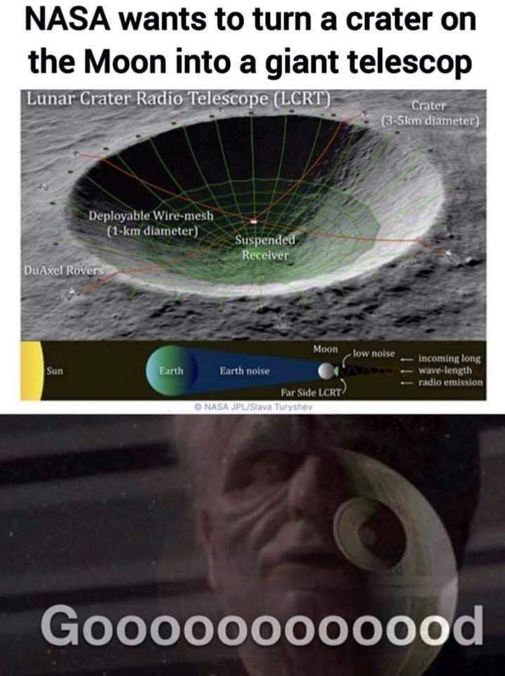 2020 disasters meme - Nasa wants to turn a crater on the Moon into a giant telescop Lunar Crater Radio Telescope Lcrt m diameter Crater Deployable Wiremesh 1km diameter Suspended Receiver DuAxel Rovers Moon low noise Sun Earth Earth noise incoming long wa