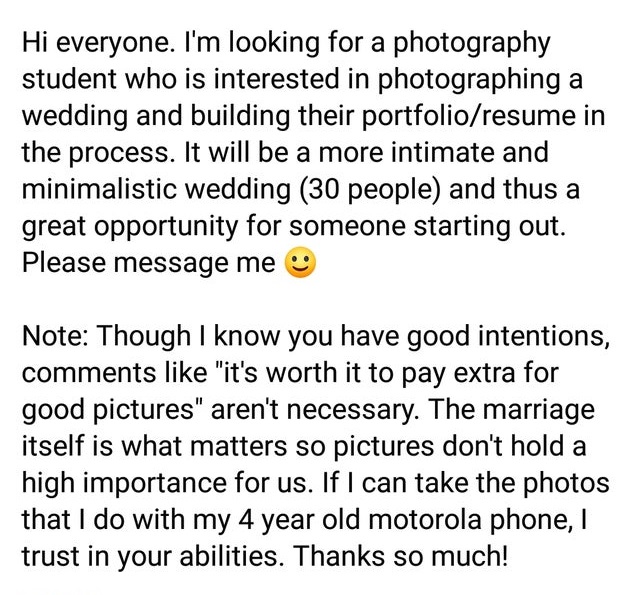 desirable and undesirable changes examples - Hi everyone. I'm looking for a photography student who is interested in photographing a wedding and building their portfolioresume in the process. It will be a more intimate and minimalistic wedding 30 people a