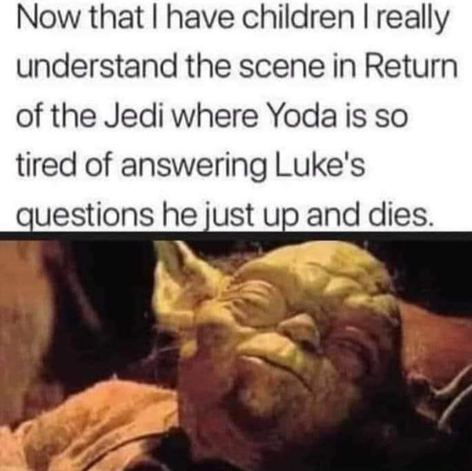 Now that I have children I really understand the scene in Return of the Jedi where Yoda is so tired of answering Luke's questions he just up and dies.