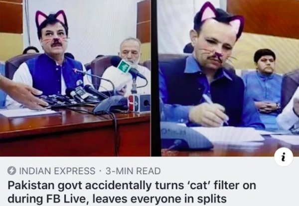 minister pakistan cat filter - .N i Indian Express. 3Min Read Pakistan govt accidentally turns 'cat' filter on during Fb Live, leaves everyone in splits
