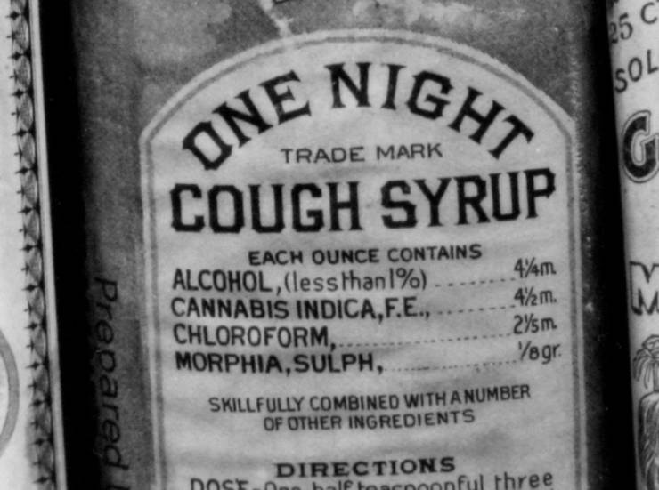 vintage bottles - 25 C Sol One Night Cough Syrup Trade Mark Prepared Each Ounce Contains Alcohol, less than1% 44m Cannabis Indica,F.E., 42m. Chloroform, 245 m. Morphia, Sulph, yogr. Skillfully Combined With A Number Of Other Ingredients Directions Dost ha