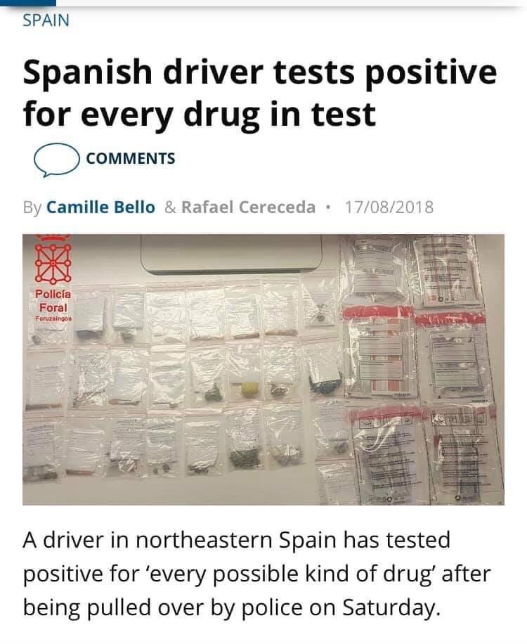 Spanish driver tests positive for every drug in test - A driver in northeastern Spain has tested positive for 'every possible kind of drug' after being pulled over by police on…