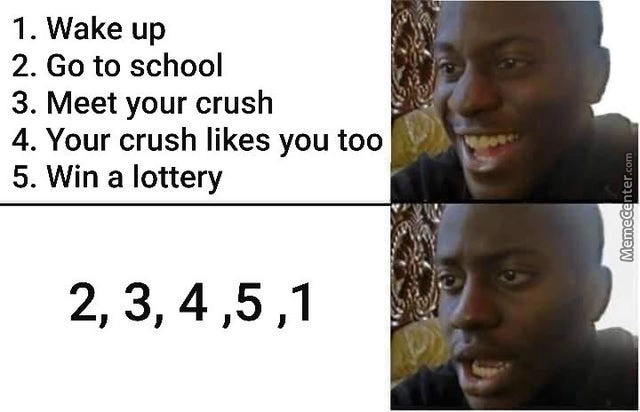 1. Wake up 2. Go to school 3. Meet your crush 4. Your crush you too 5. Win a lottery - 2,3,4,5,1