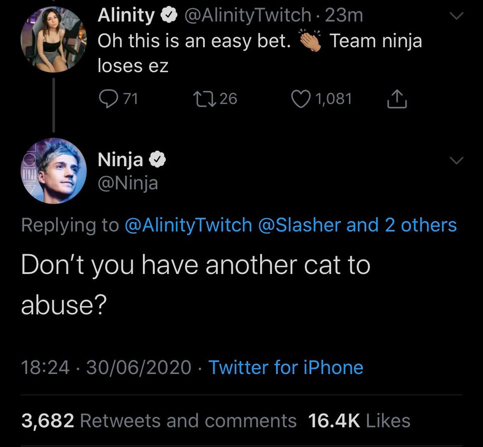 screenshot - Alinity 23m Oh this is an easy bet. Team ninja loses ez 971 1726 1,081 > Ninja and 2 others Don't you have another cat to abuse? 30062020 Twitter for iPhone 3,682 and