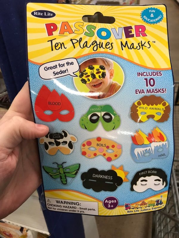 snack - Soucational! Rite Lite Fun & Passover Ten Plagues Masks" Great for the Seder! Includes 10 Eva Masks! Blood Wild Animals Frogs Castle Fuene Boils Hail ho Darkness First Born A Warning Choking Hazard Small parts. Vor for children under 3 yrs. Ages 3
