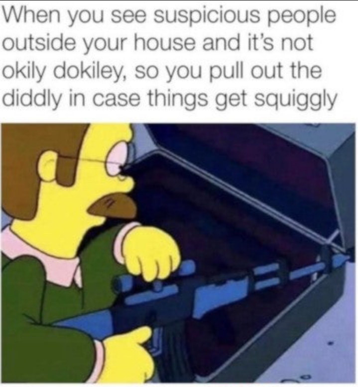 cartoon - When you see suspicious people outside your house and it's not okily dokiley, so you pull out the diddly in case things get squiggly