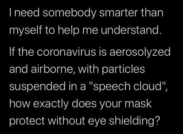 sad story about mother - I need somebody smarter than myself to help me understand. If the coronavirus is aerosolyzed and airborne, with particles suspended in a "speech cloud", how exactly does your mask protect without eye shielding?