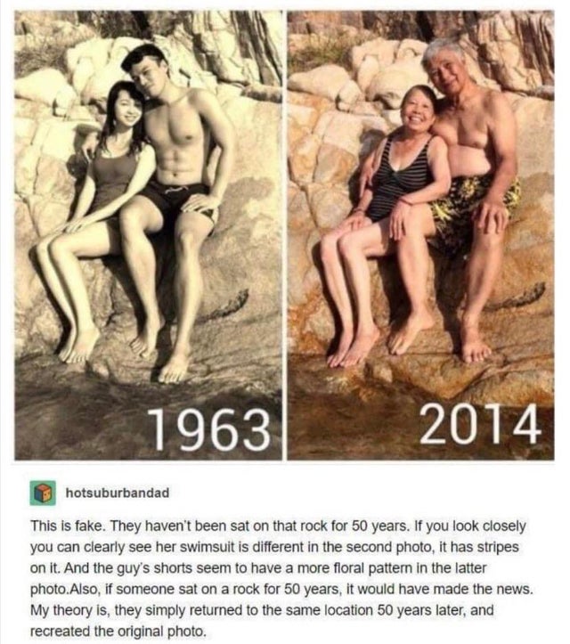 1963 2014 - 1963 2014 hotsuburbandad This is fake. They haven't been sat on that rock for 50 years. If you look closely you can clearly see her swimsuit is different in the second photo, it has stripes on it. And the guy's shorts seem to have a more flora