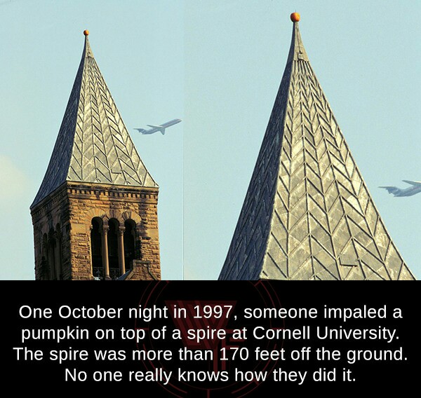 landmark - One October night in 1997, someone impaled a pumpkin on top of a spire at Cornell University. The spire was more than 170 feet off the ground. No one really knows how they did it.