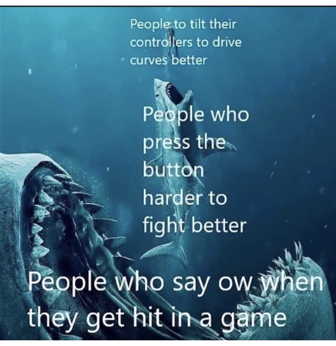 gacha game whale meme - People to tilt their controllers to drive curves better People who press the button harder to fight better People who say ow when they get hit in a game