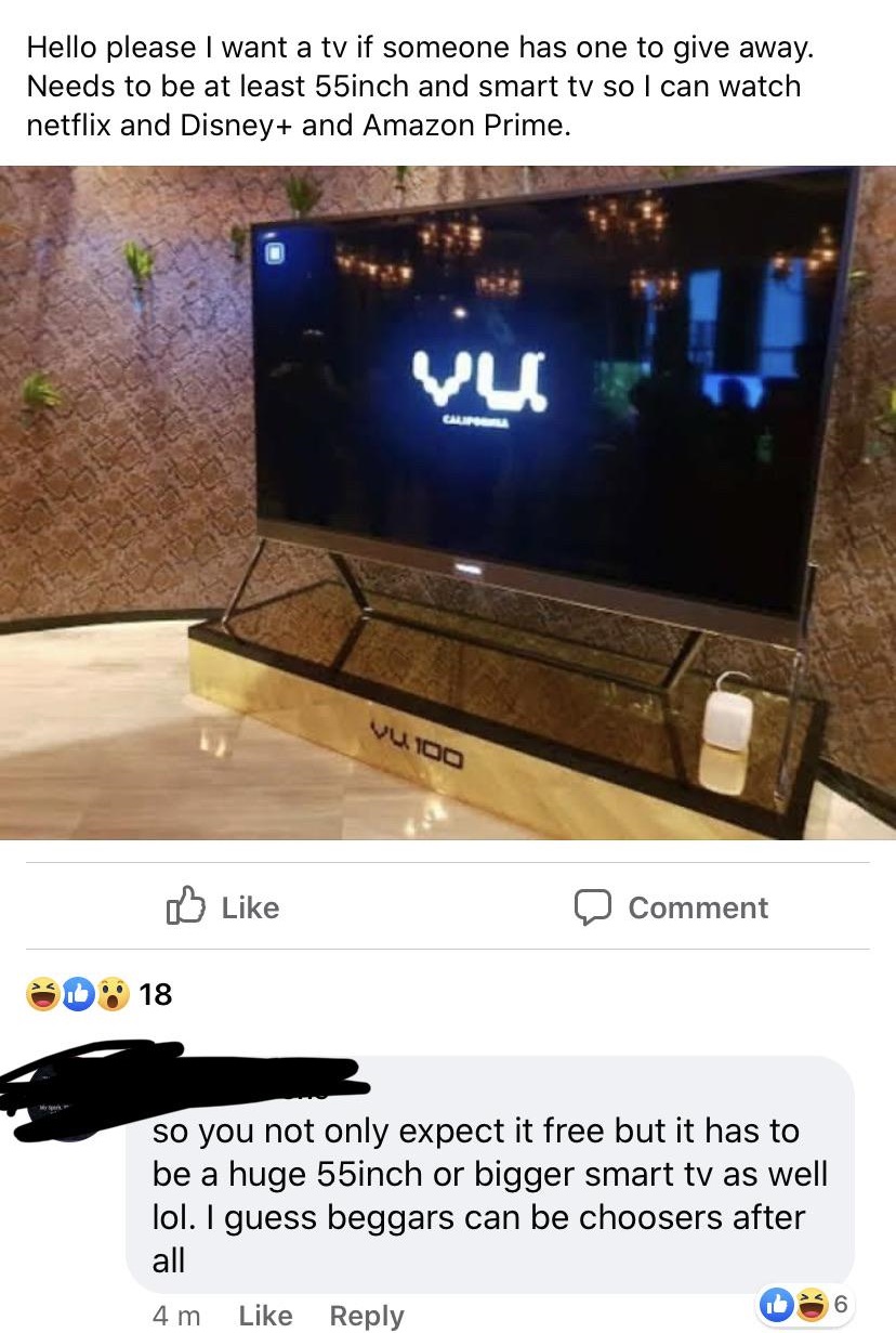 multimedia - Hello please I want a tv if someone has one to give away. Needs to be at least 55inch and smart tv so I can watch netflix and Disney and Amazon Prime. Vu Vu 100 Comment 18 so you not only expect it free but it has to be a huge 55inch or bigge