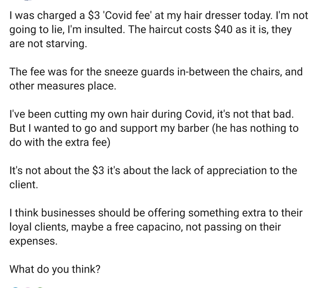 angle - I was charged a $3 'Covid fee' at my hair dresser today. I'm not going to lie, I'm insulted. The haircut costs $40 as it is, they are not starving. The fee was for the sneeze guards inbetween the chairs, and other measures place. I've been cutting