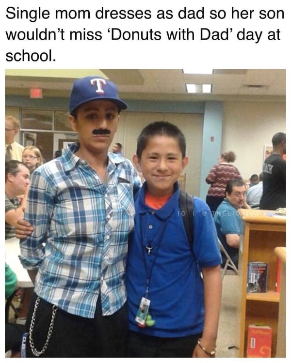 dad dressed as kid - Single mom dresses as dad so her son wouldn't miss 'Donuts with Dad'day at school. T Tuck Ig @ Thelion