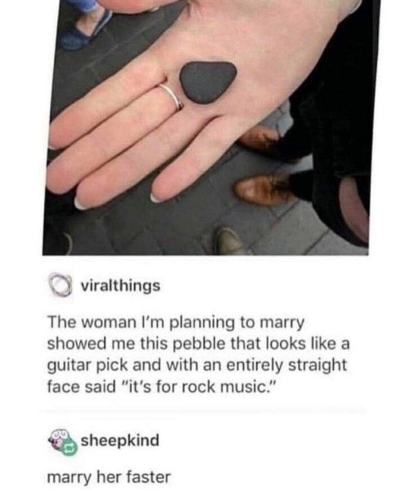 its for rock music - viralthings The woman I'm planning to marry showed me this pebble that looks a guitar pick and with an entirely straight face said "it's for rock music." sheepkind marry her faster