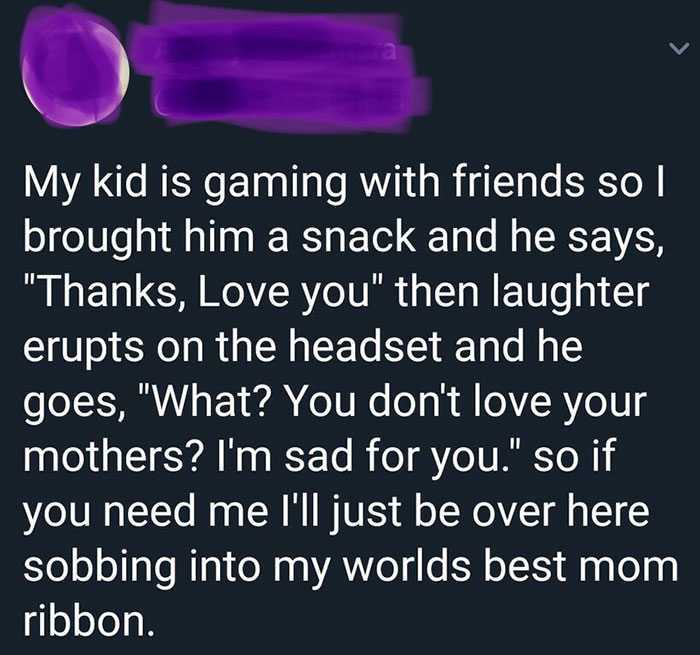 sky - O My kid is gaming with friends so I brought him a snack and he says, "Thanks, Love you" then laughter erupts on the headset and he goes, "What? You don't love your mothers? I'm sad for you." so if you need me I'll just be over here sobbing into my 