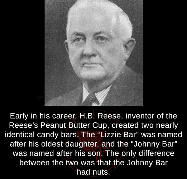 photo caption - Early in his career, H.B. Reese, inventor of the Reese's Peanut Butter Cup, created two nearly identical candy bars. The Lizzie Bar was named after his oldest daughter, and the Johnny Bar" was named after his son. The only difference betwe
