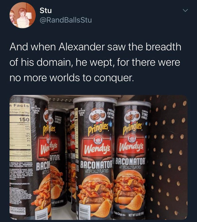 canning - NETWT55 Stu And when Alexander saw the breadth of his domain, he wept, for there were no more worlds to conquer. h Facts con Crisos f 2 Dek Bor Tim 150 Time Only 12 pribiles Pringles 2 On inki MESSA1131 Wentys Ator Baco Wendys. Wendy's Baconator