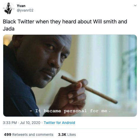michael jordan last dance - > Yvan Black Twitter when they heard about Will smith and Jada It became personal for me . Twitter for Android 499 and